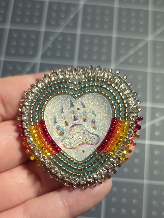 Handmade Jewelry - Heart Paw Beaded Stud Earrings - Iridescent Center with Rainbow Beads